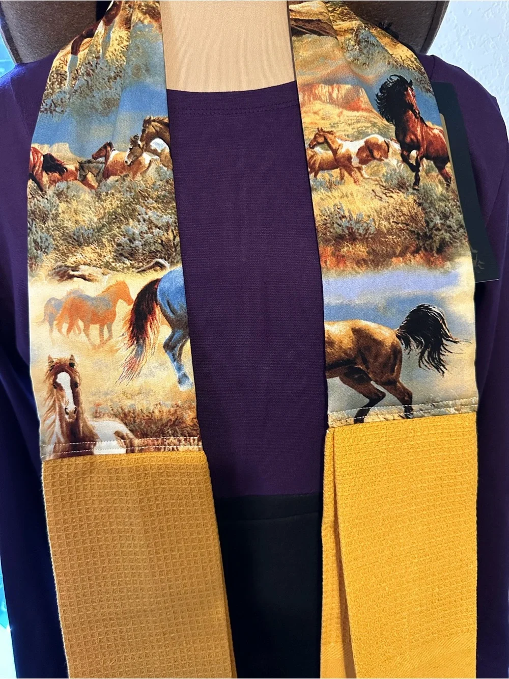 Handmade Wild Horse Print Kitchen Scarf  in Mustard and Multi